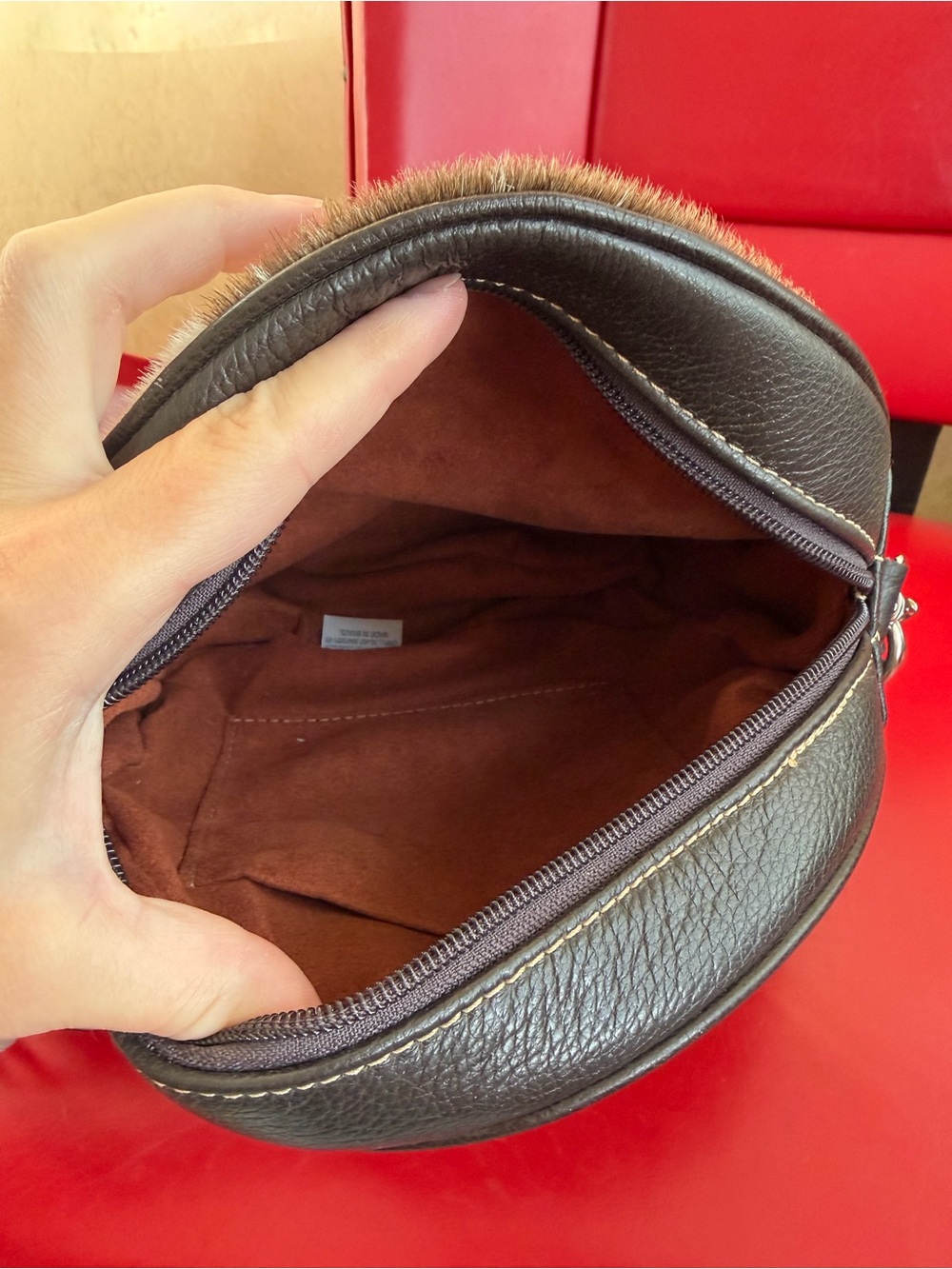 Round Cowhide Crossbody Bag in Brown and White - Picture 3 of 4